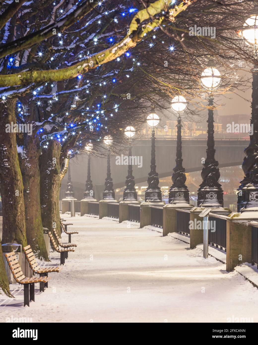 Regno Unito, Inghilterra, Londra, filari di luci di strada che illuminano la passeggiata vuota della South Bank in inverno Foto Stock