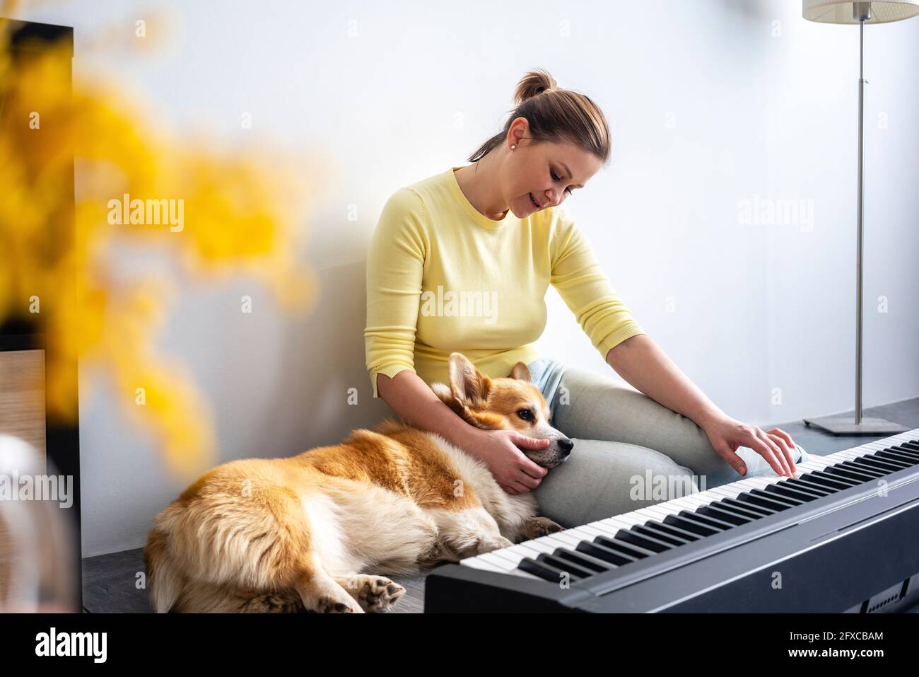 Donna mid adulta che pratica il pianoforte mentre il cane si rilassa in grembo a casa Foto Stock