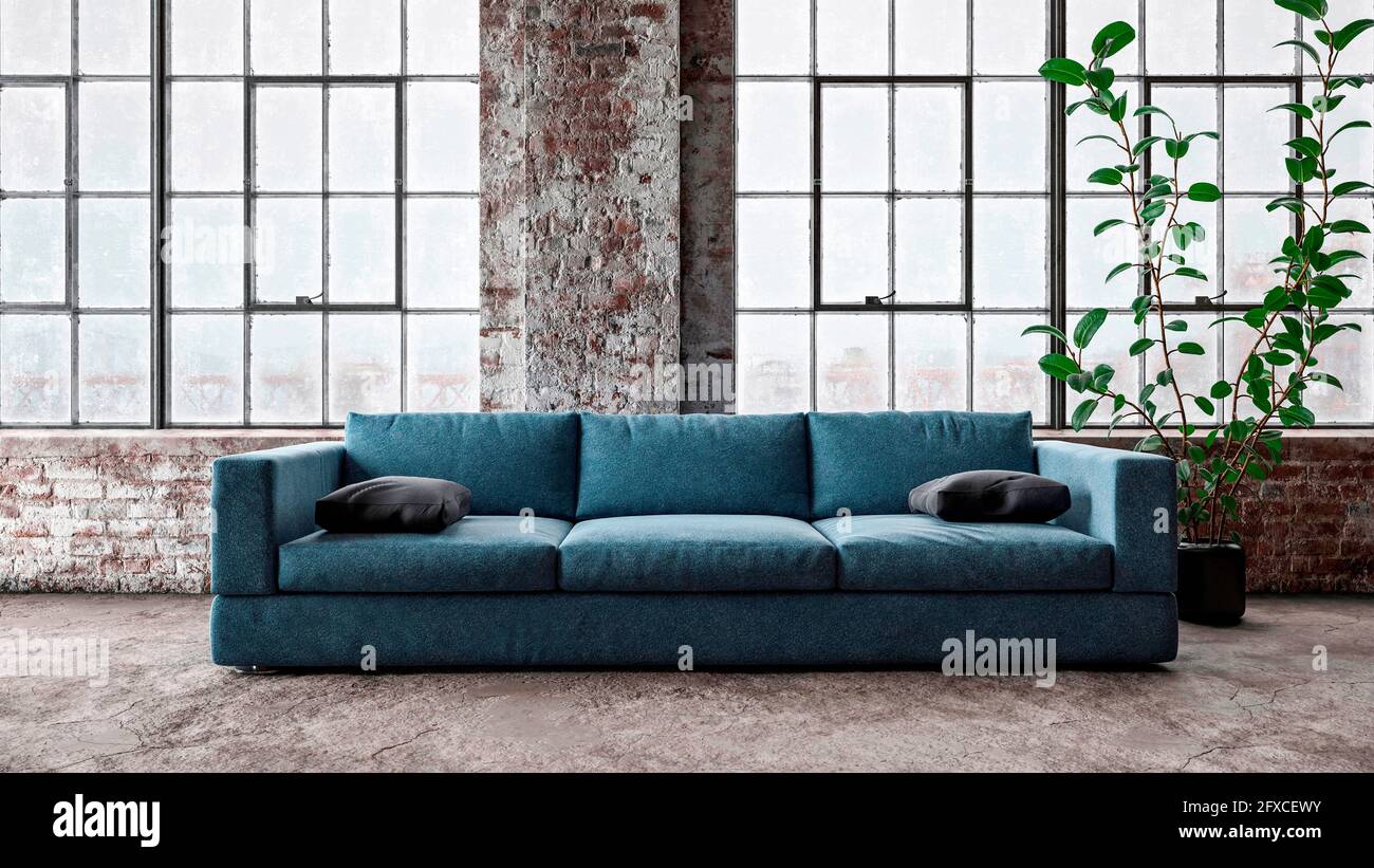 Rendering tridimensionale di moderno divano in piedi davanti alle finestre all'interno di un loft industriale Foto Stock