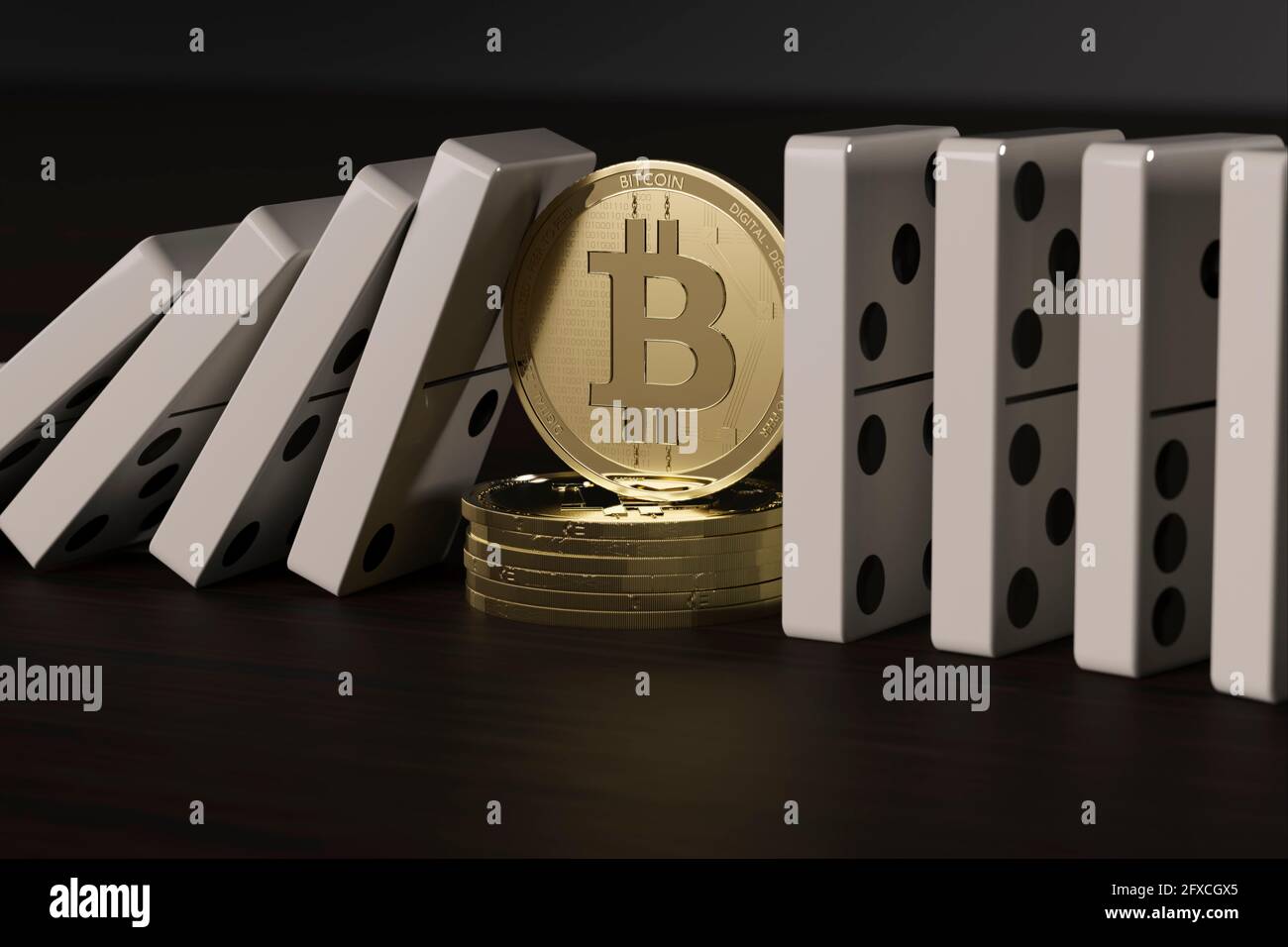 CGI concetto di finanza decentralizzata bitcoin che impedisce ai blocchi domino allineati di cadere Foto Stock