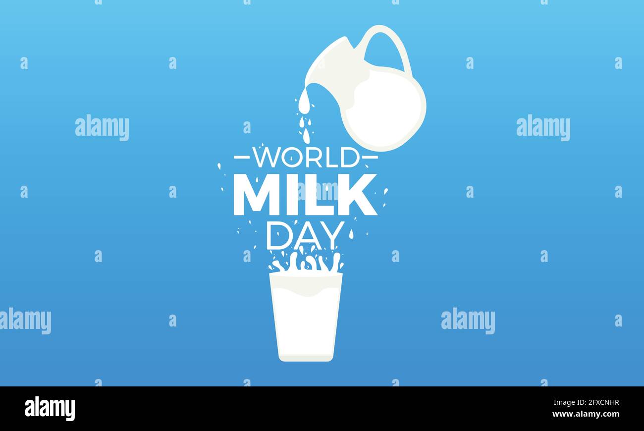 World Milk Day Vactor Banner Illustrazione di fondo. Sfondo vettoriale campagna di consapevolezza, banner, poster, modello di scheda. Illustrazione Vettoriale