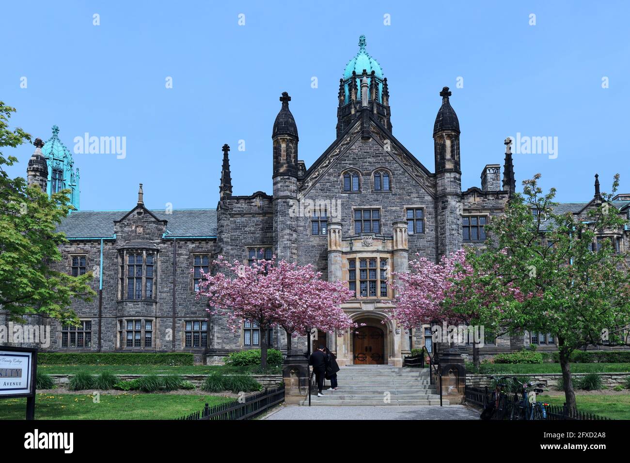 Toronto, Canada - 9 maggio 2021: L'esterno in stile gotico di uno degli edifici universitari più vecchi dell'Università di Toronto, con alberi che fioriscono in s. Foto Stock