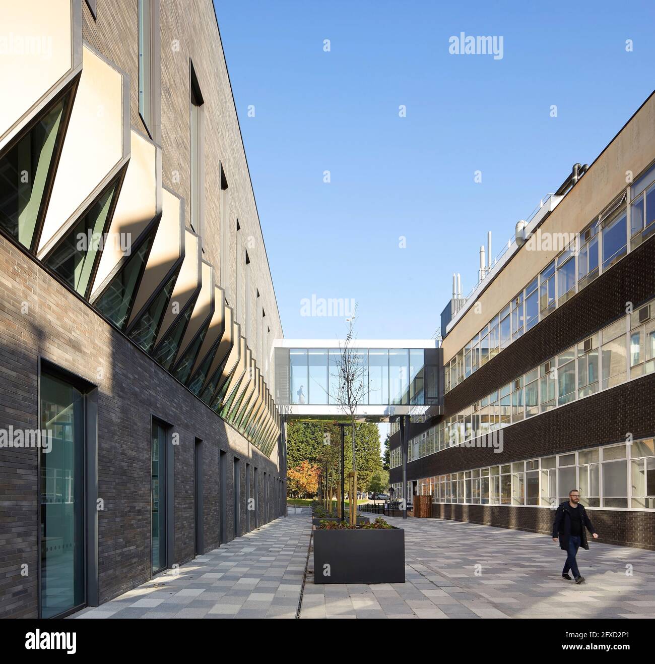 Passaggio attraverso il cortile esterno. Università di Birmingham, Collaborative Teaching Laboratory, Birmingham, Regno Unito. Architetto: Sheppard Robso Foto Stock