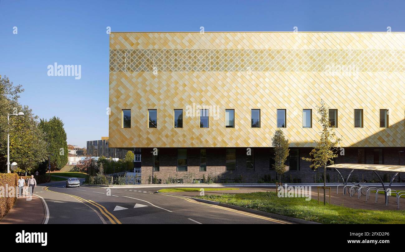 Vista sulla facciata dalla strada. Università di Birmingham, Collaborative Teaching Laboratory, Birmingham, Regno Unito. Architetto: Sheppard Robson, 2018. Foto Stock