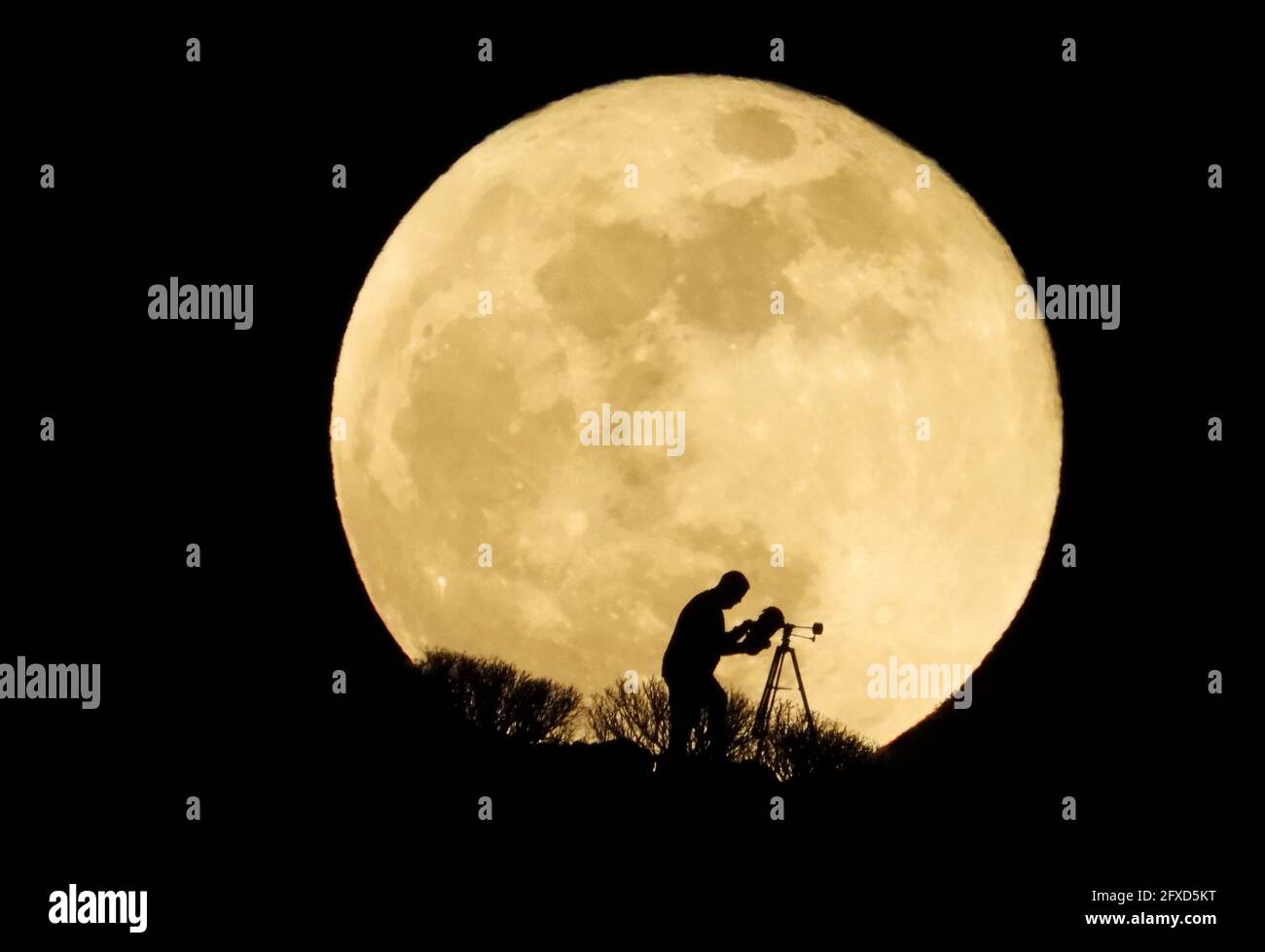 Un uomo usa un telescopio per osservare la luna piena, conosciuta come la ' Luna del Fiore Super' mentre sorge su Arguineguin, nel sud di Gran Canaria,  Spagna 26 maggio 2021. REUTERS//Borja Suarez