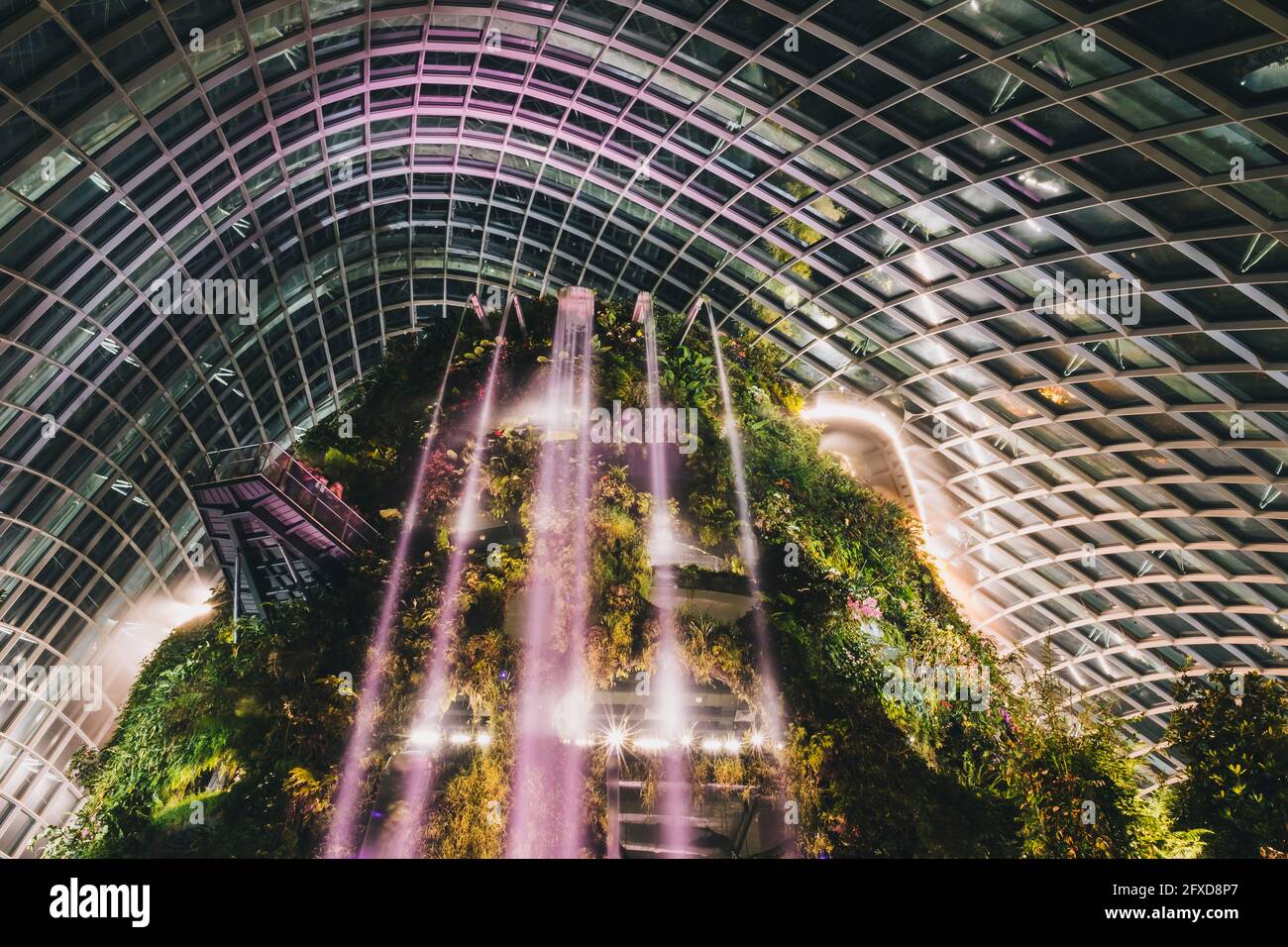 Le cascate all'interno della serra Flower Dome di notte in Singapore Foto Stock