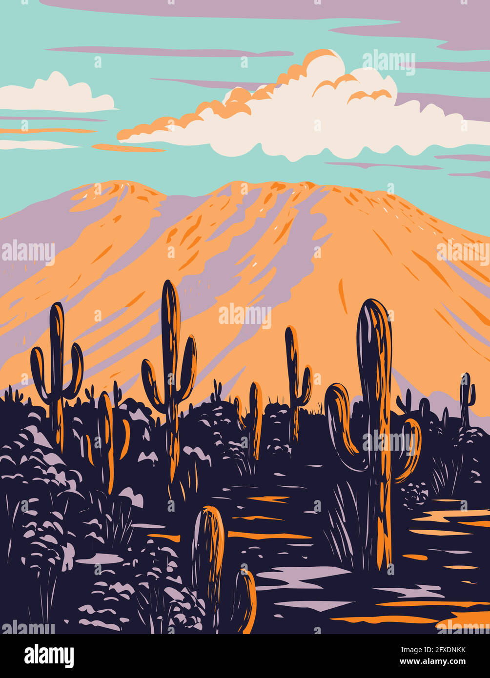 WPA Poster Art of saguaro cactus with Wasson Peak in Tucson Mountains si trova all'interno del Saguaro National Park in Arizona fatto in opere progetto admini Illustrazione Vettoriale