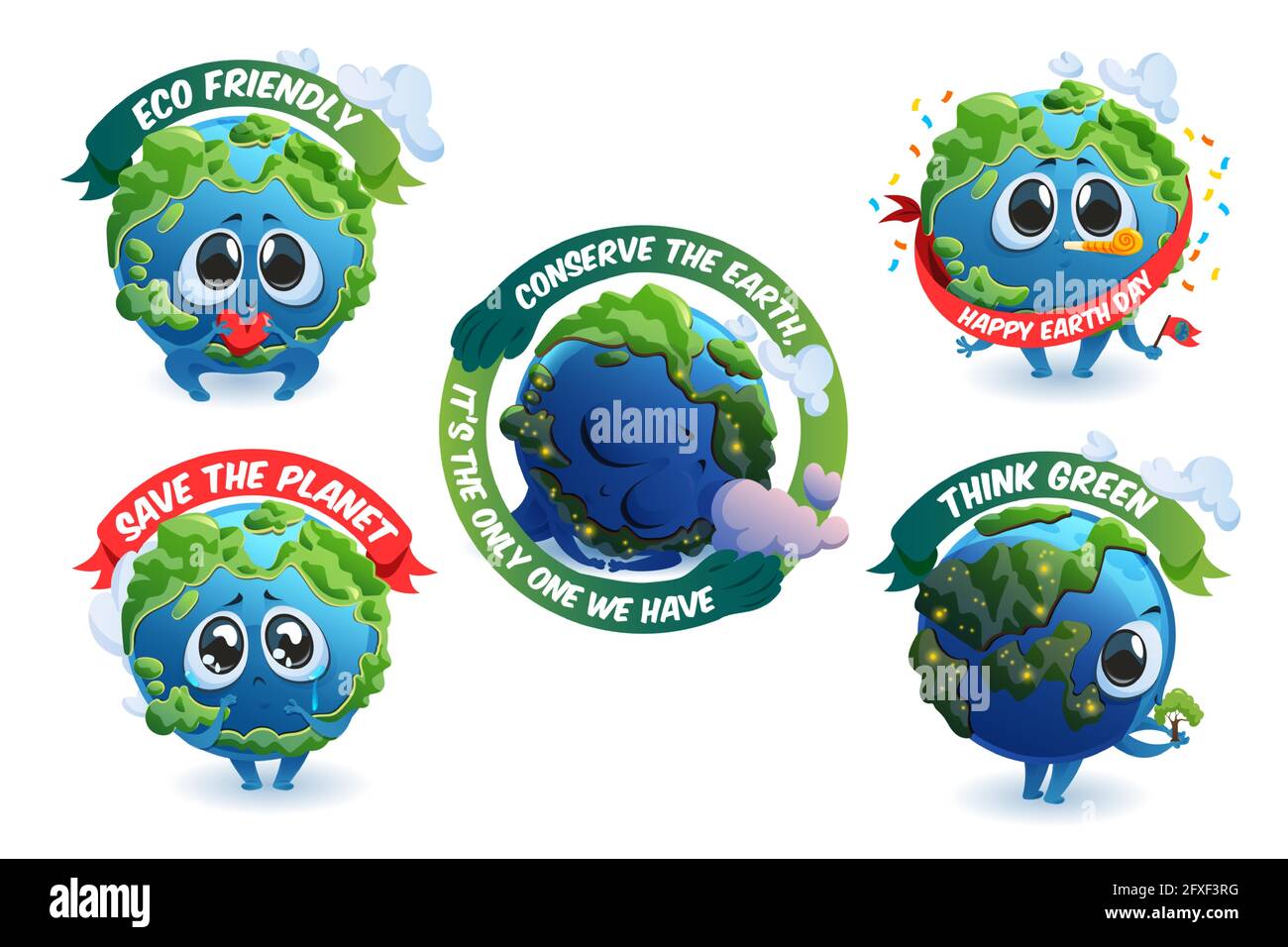 Emblemi con carino personaggio cartoon Terra, salvare il concetto pianeta con mascotte e banner ecologici. Pensa verde, eco-friendly, felice Terra giorno celebrazione e conservazione etichette, Cartoon vettore set Illustrazione Vettoriale