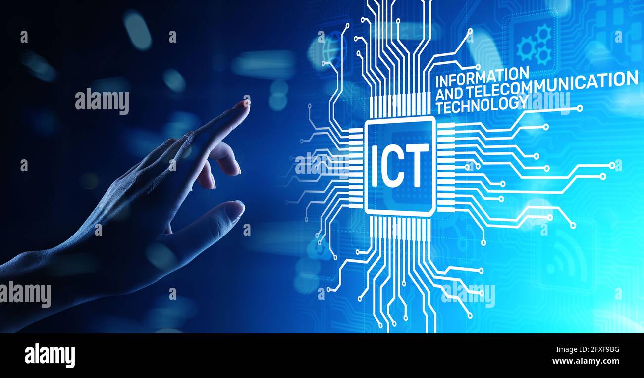ICT - concetto di tecnologia dell'informazione e della comunicazione su  schermo virtuale Foto stock - Alamy