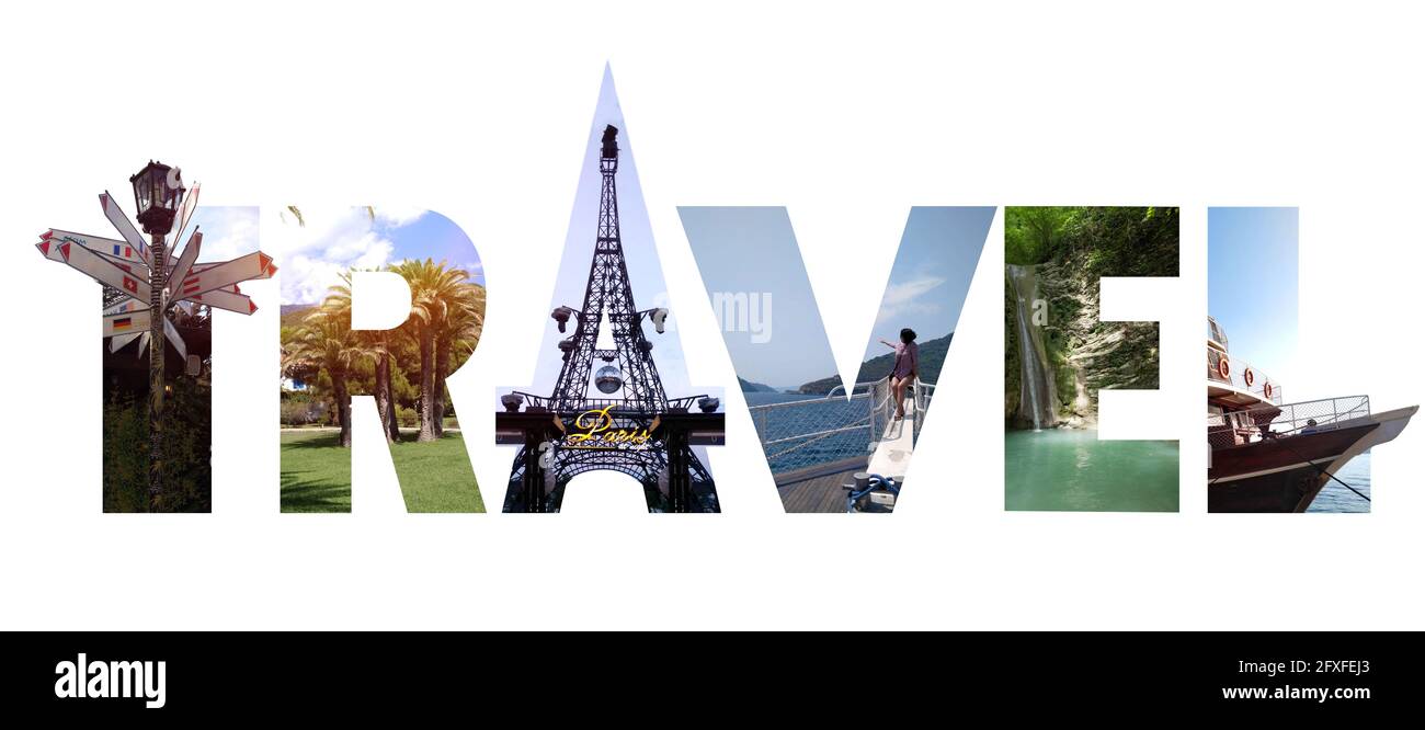 Creative Concept Collage di bei posti in viaggio di parole. Design da viaggio Foto Stock