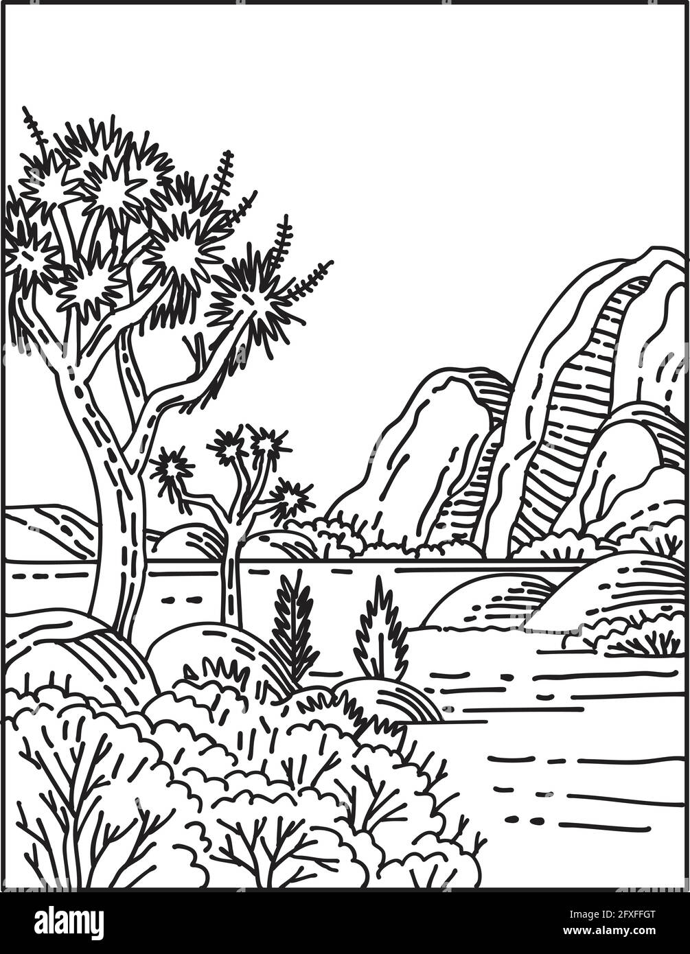 Illustrazione monolinea delle aspre formazioni rocciose e degli aspri paesaggi desertici nel Joshua Tree National Park in California, Stati Uniti fatto in ret Illustrazione Vettoriale