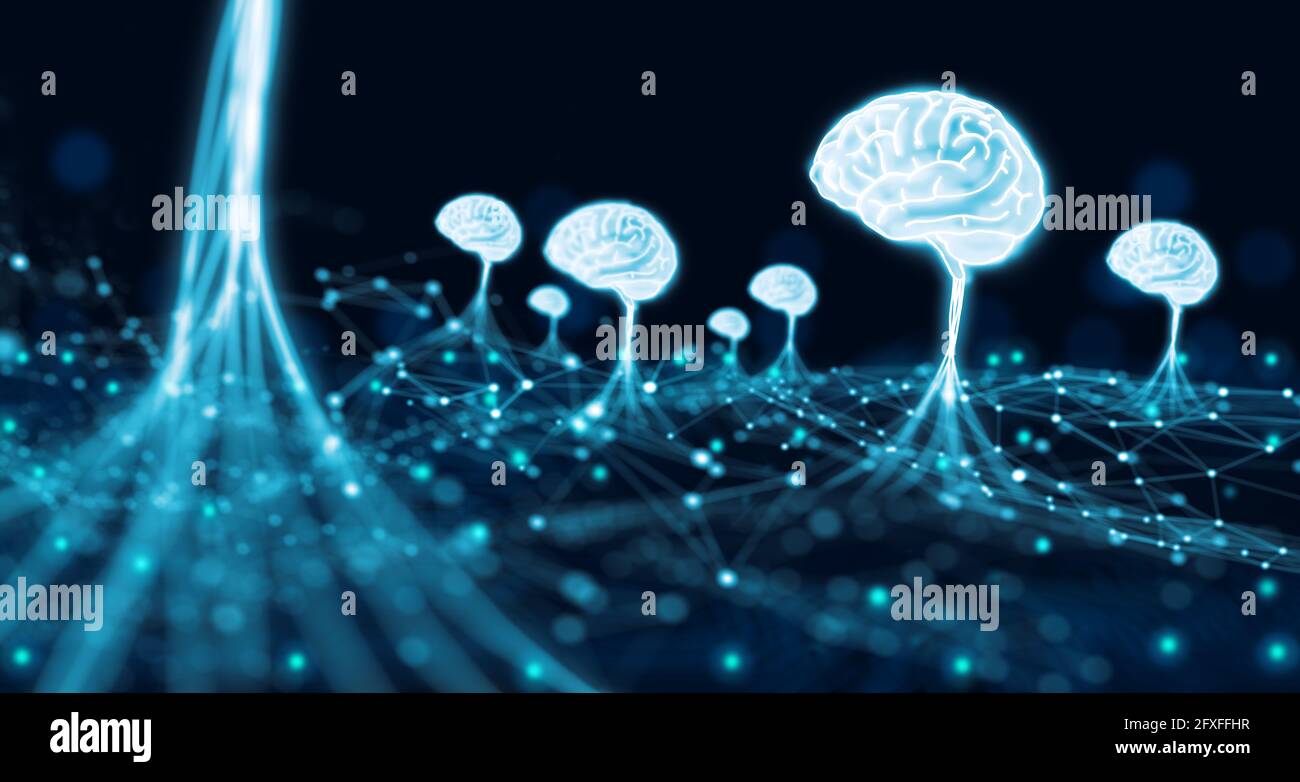 Computer cloud per big data che utilizza il sistema di rete ai Brain. Super computer, rete neurale, ricerca di intelligenza artificiale, concetto di apprendimento automatico. Foto Stock