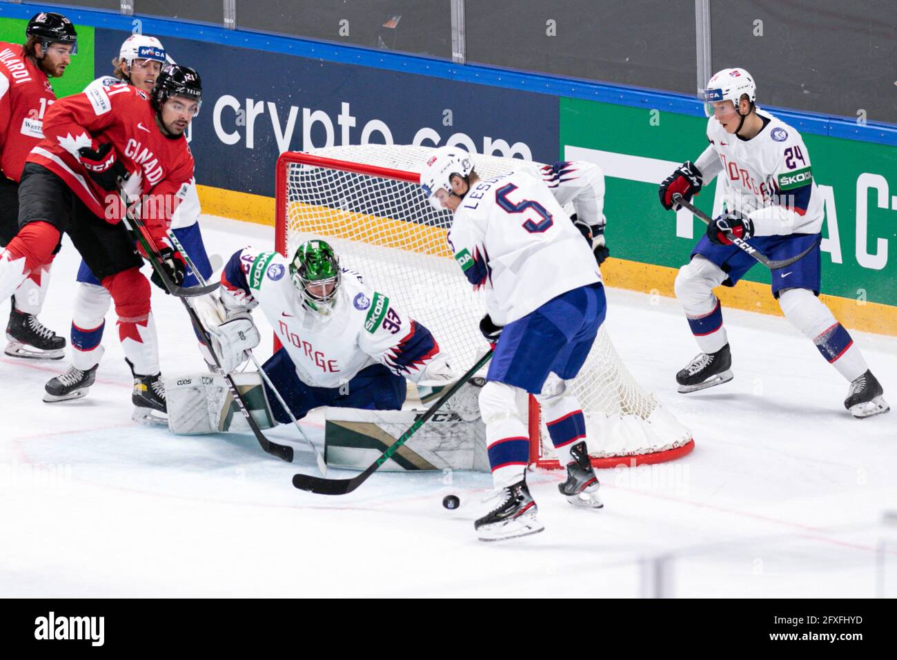 Paul (Canada) Henrique (Canada) Haukeland (Norvegia) durante il Campionato del mondo 2021 - Canada vs Norvegia, Hockey su ghiaccio, - Photo .LiveMedia/Andrea Re Foto Stock