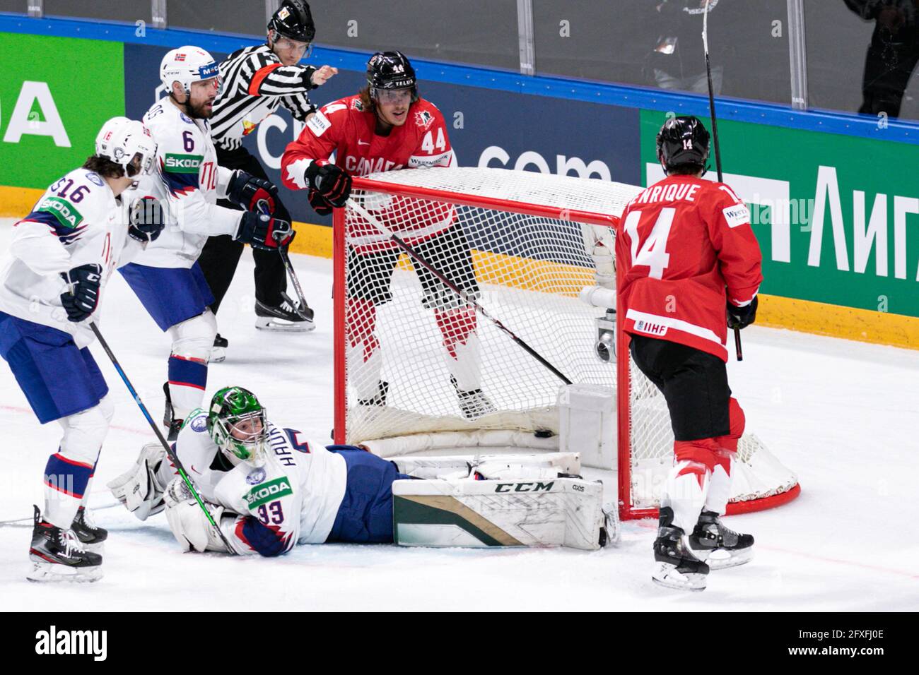 Comtois (Canada) Henrique (Canada) Haukeland (Norvegia) durante il Campionato del mondo 2021 - Canada vs Norvegia, Ice Hoc - Photo .LiveMedia/Andrea Re Foto Stock