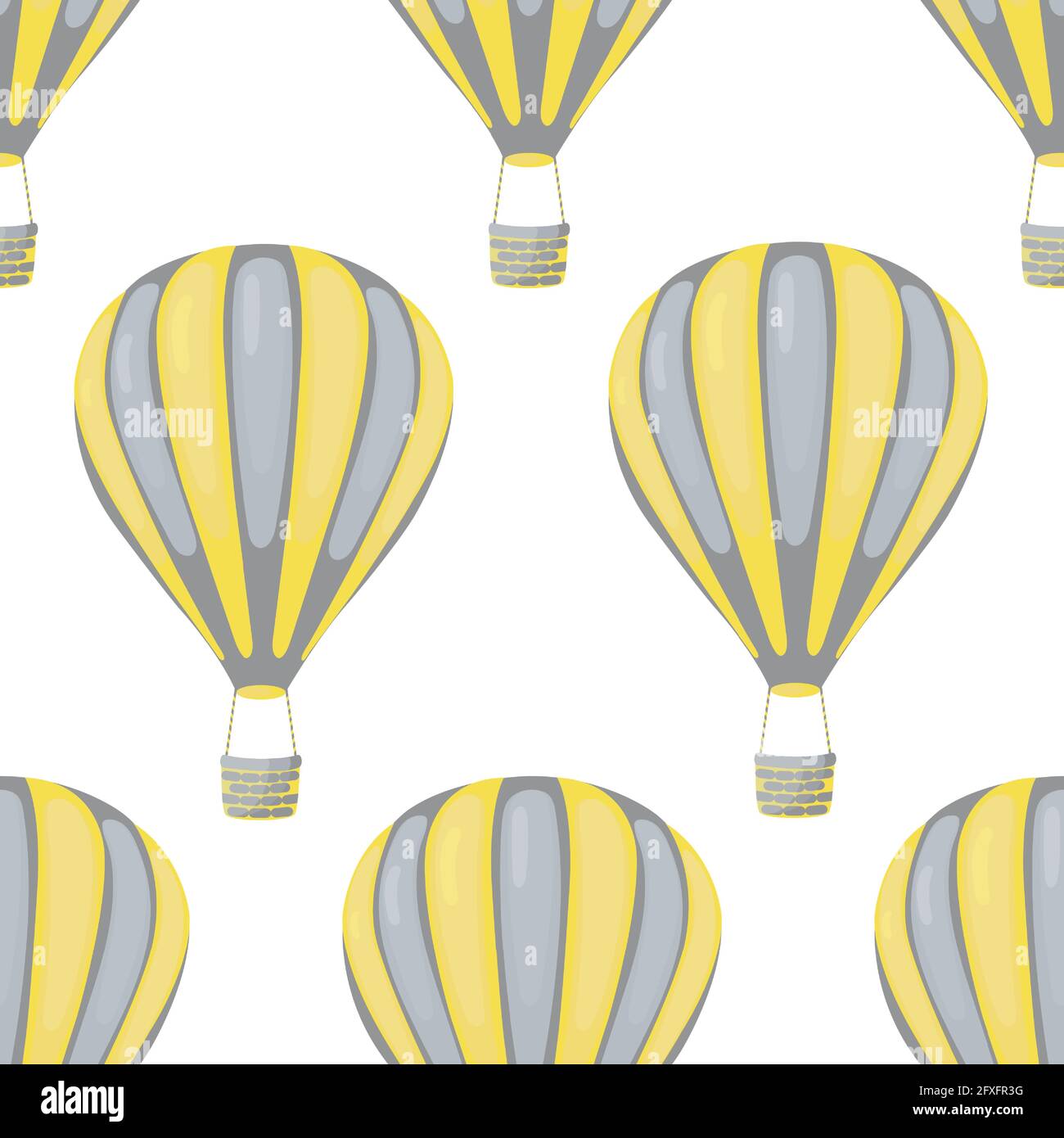 Palloncini ad aria calda nel cielo senza giunture disegno vettoriale.Unisciti a noi in un viaggio verso il cielo con questo modello vettoriale. Palloncino ad aria calda di colore giallo grigio Illustrazione Vettoriale