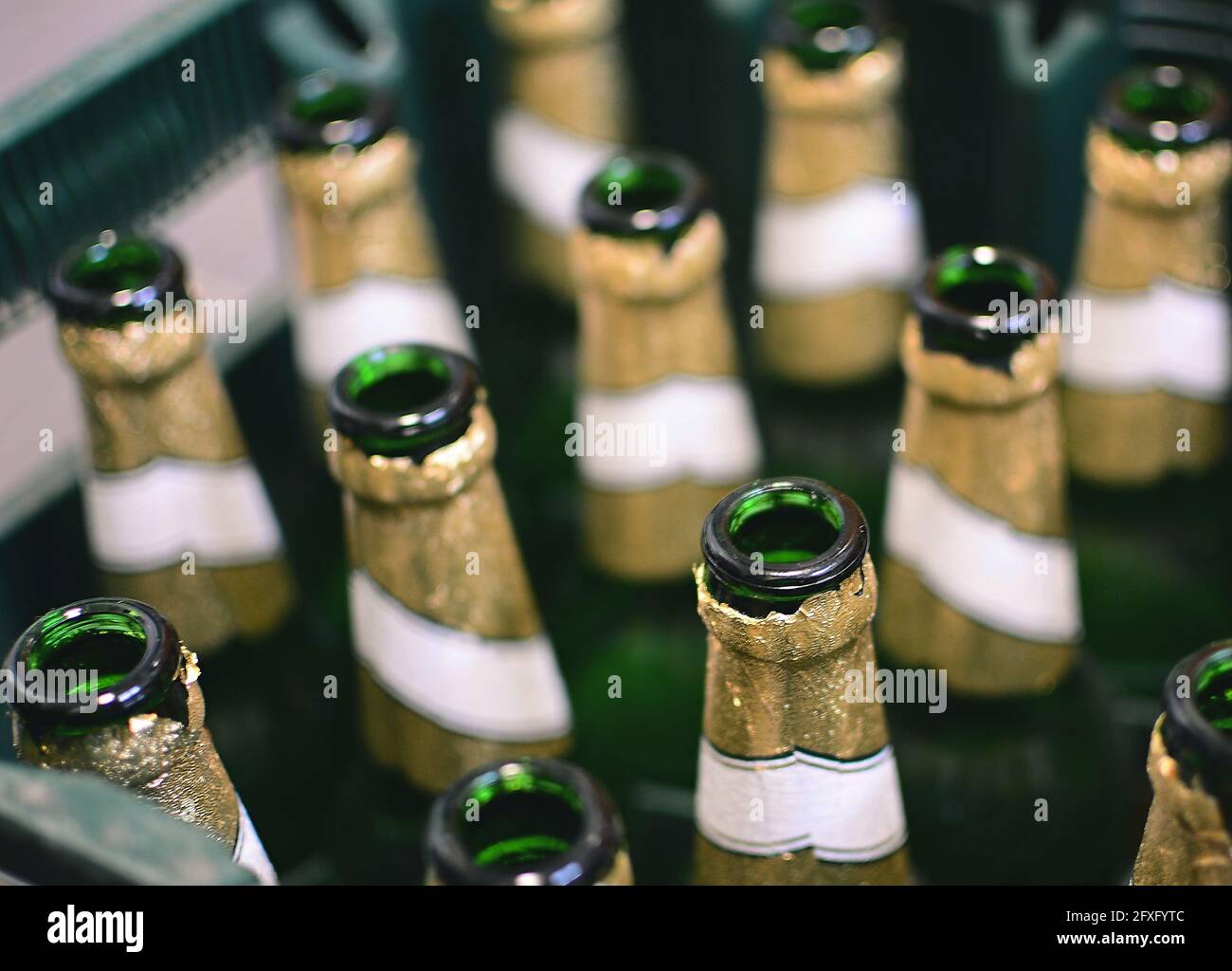 Vista dall'alto delle bottiglie di birra verde vuote nella cassa. Riciclaggio di bottiglie di birra di vetro vuote. Foto Stock