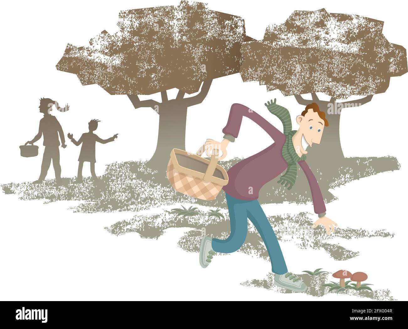 Illustrazione di una famiglia alla ricerca di funghi nel campo. In primo piano, il padre ha appena trovato due splendidi funghi, è molto felice!. Illustrazione Vettoriale