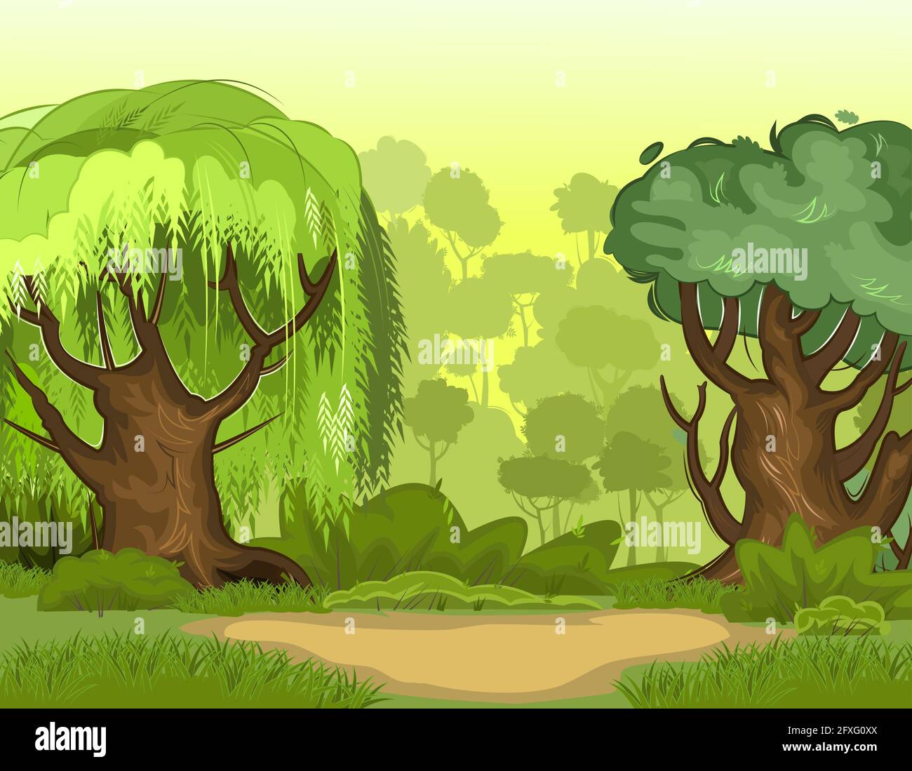 Paesaggio forestale estivo. Spessetti di nebbia leggeri. Fogliame denso, arbusti e una radura al bordo. Vista su alberi verdi. Stile piatto cartoon. Natura Illustrazione Vettoriale