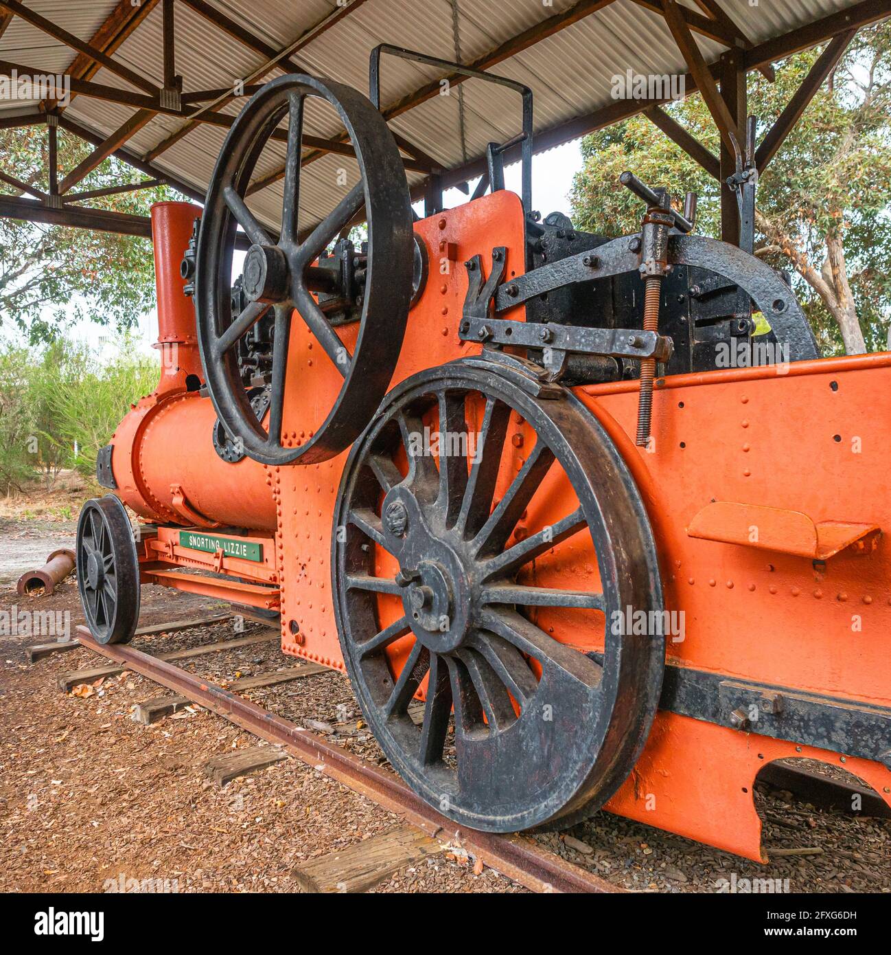 Snorting Lizzie è un motore a vapore all'Age of Steam Museum di Manjimup, nell'Australia occidentale. Foto Stock