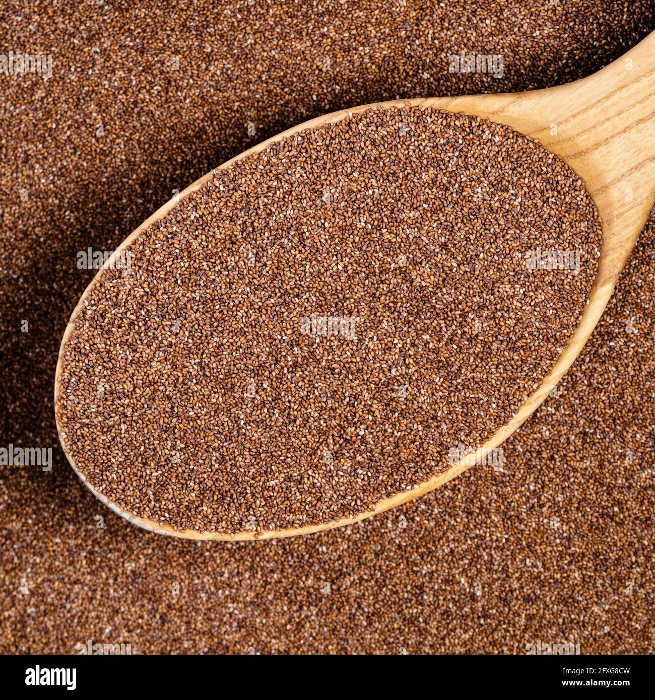 vista dall'alto dei semi di teff integrale in chiodo di garofano di legno Foto Stock