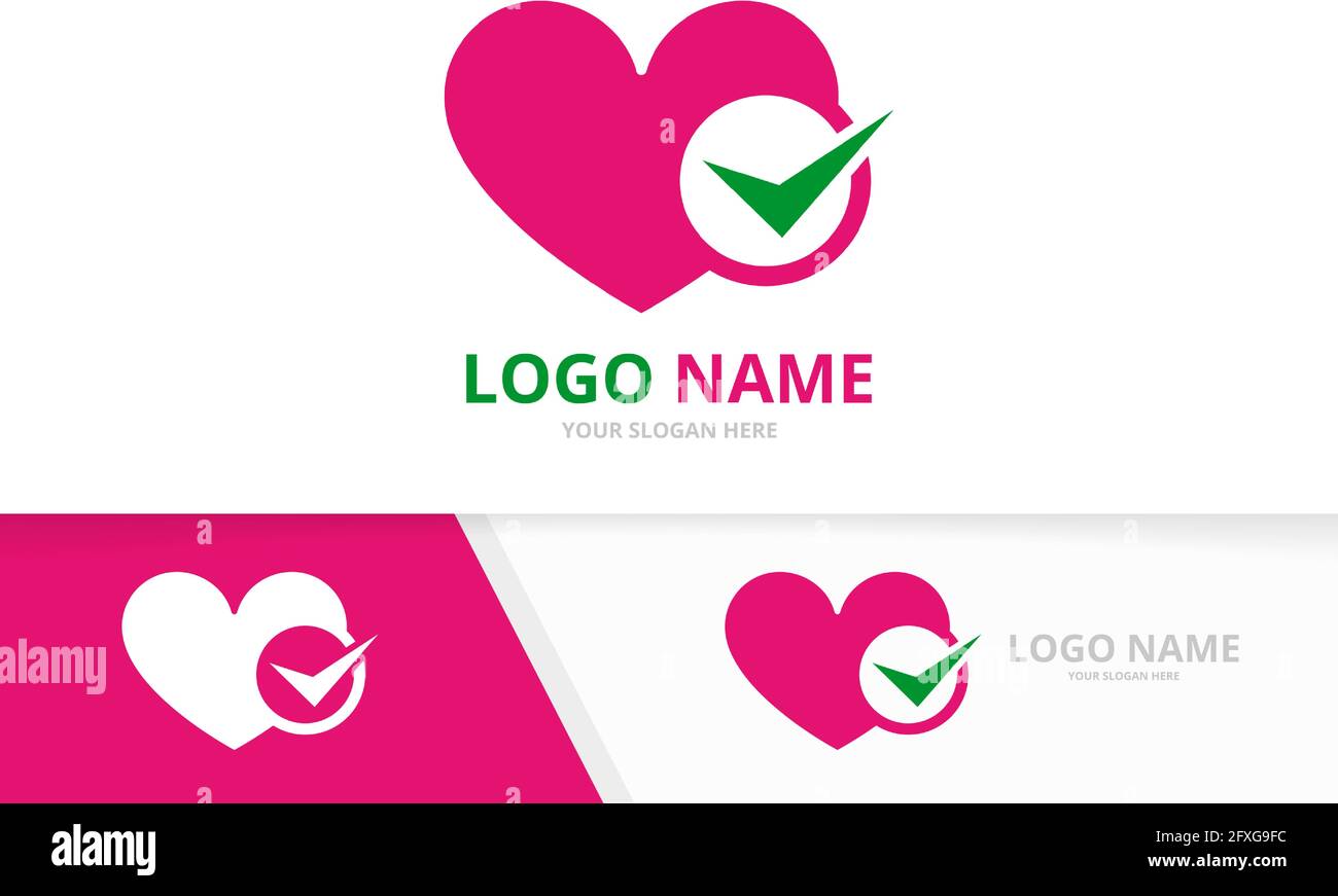 Combinazione cuore vettoriale e logo con segno di spunta. Modello di design del logotipo Love. Illustrazione Vettoriale