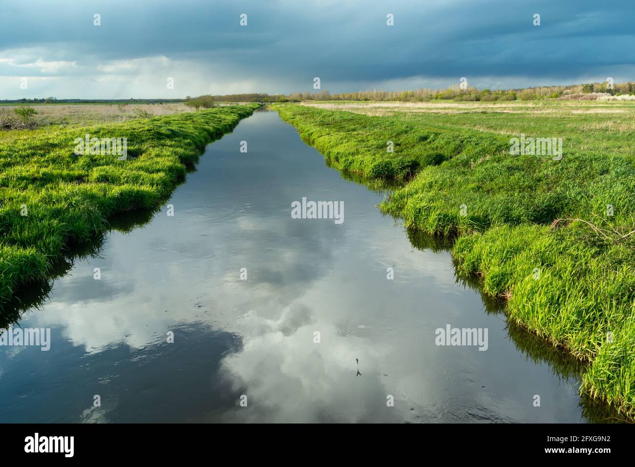 Riflesso di nuvole in un fiume tranquillo con una riva verde, Czulczyce, Lubelskie, Polonia Foto Stock