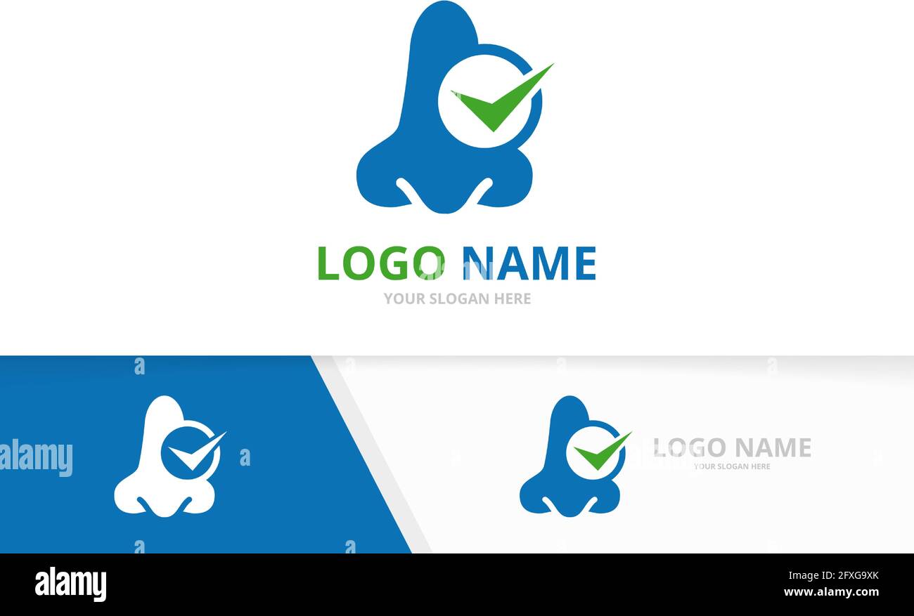 Combinazione di naso vettoriale e logo con segno di spunta. Clinica ENT, modello di logotipo otolaringologico. Illustrazione Vettoriale