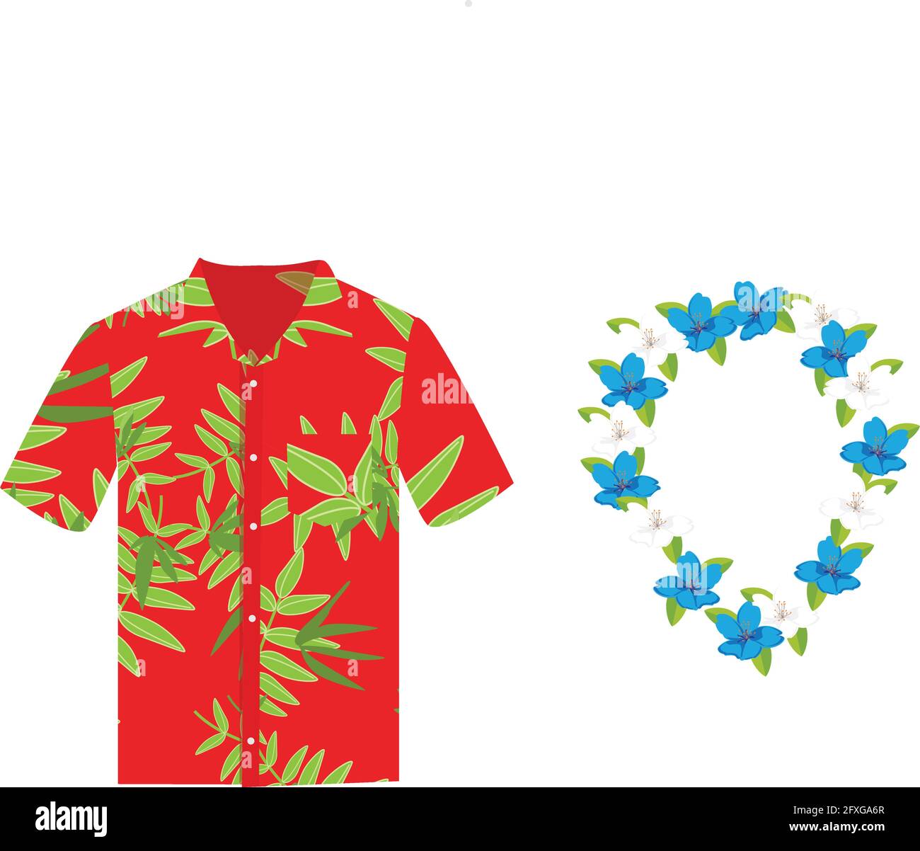 Illustrazione Vettoriale Hawaiian aloha shirt con ghirlande di fiori, collana. T-shirt Hawaii spiaggia aloha panno maschio. Hawaii shirt adulto abbigliamento design pattern Illustrazione Vettoriale