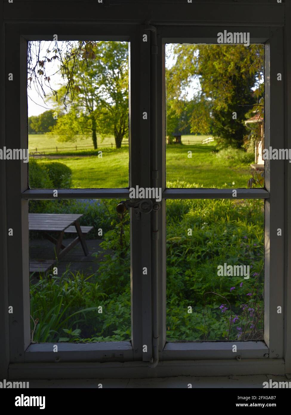 Blick aus dem Fenster in eine gruen, blühende Morgenlandschaft, Vista fuori dalla finestra in un paesaggio verde, fiorente mattina Foto Stock
