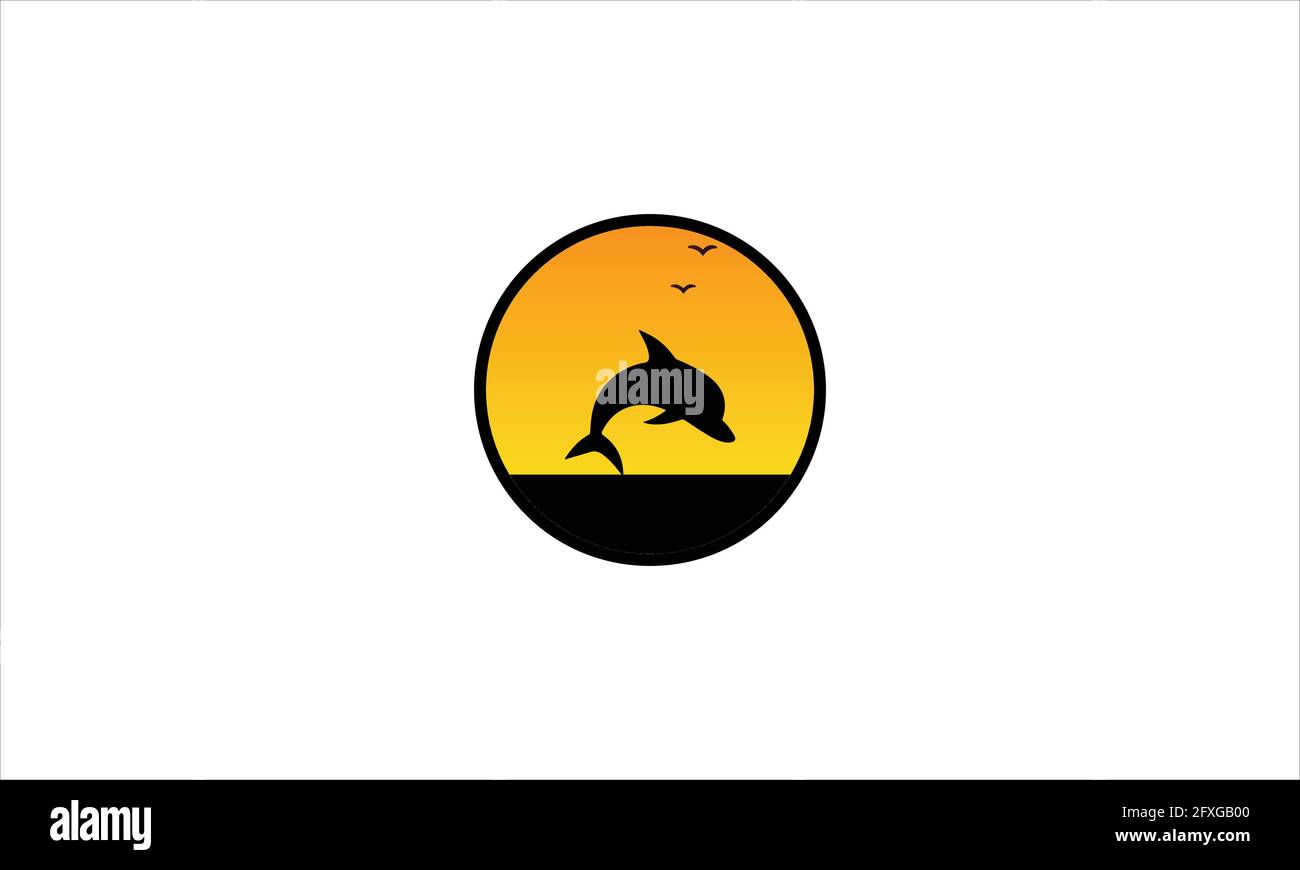 Jumping Dolphin con tramonto e simbolo di gabbiano immagine vettoriale Illustrazione Vettoriale