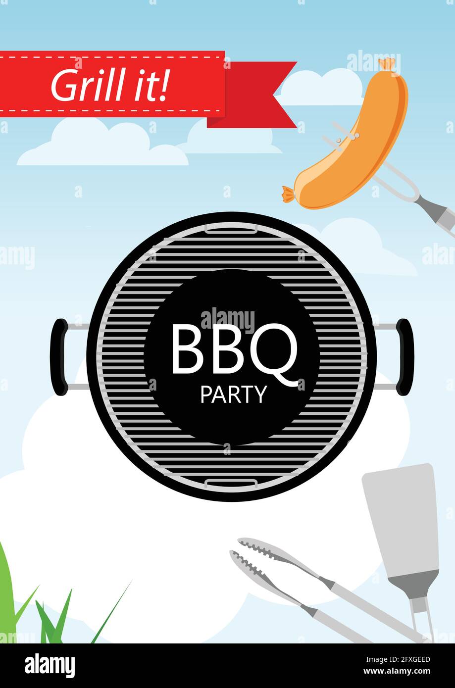 Barbeque invito alla festa con grill e il cibo. Barbecue poster. Cibo flyer. Illustrazione Vettoriale