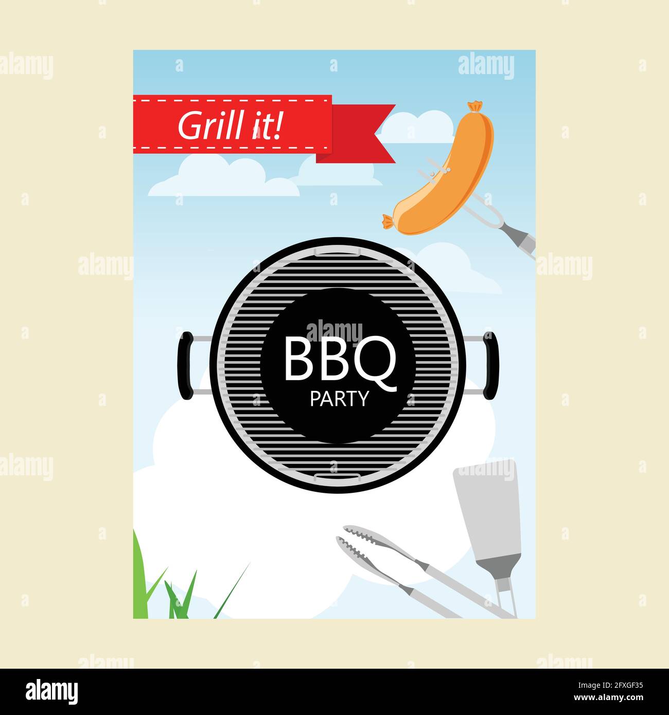 Barbeque invito alla festa con grill e il cibo. Barbecue poster. Cibo flyer. Illustrazione Vettoriale