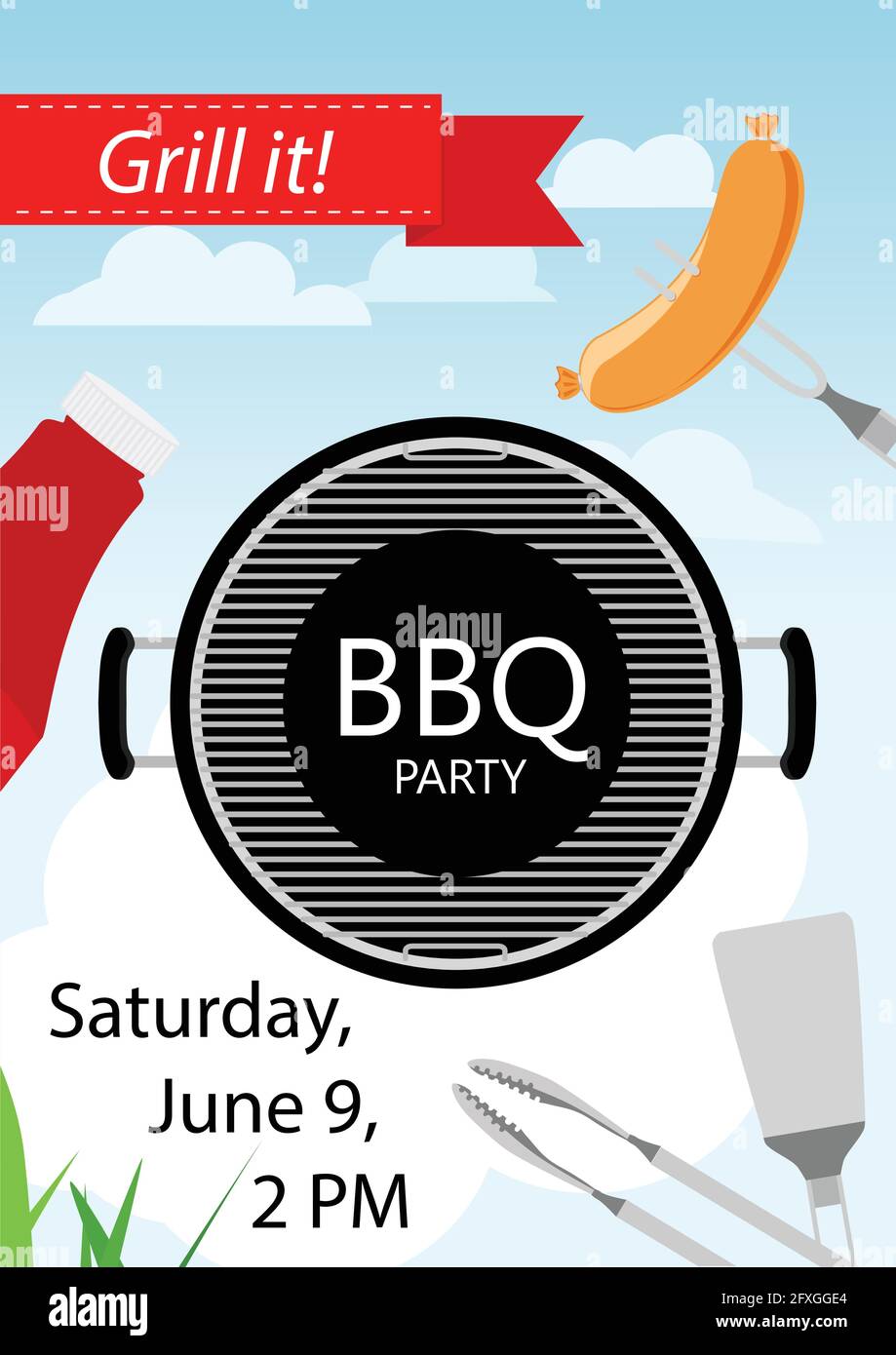 Barbeque invito alla festa con grill e il cibo. Barbecue poster. Cibo flyer. Illustrazione Vettoriale