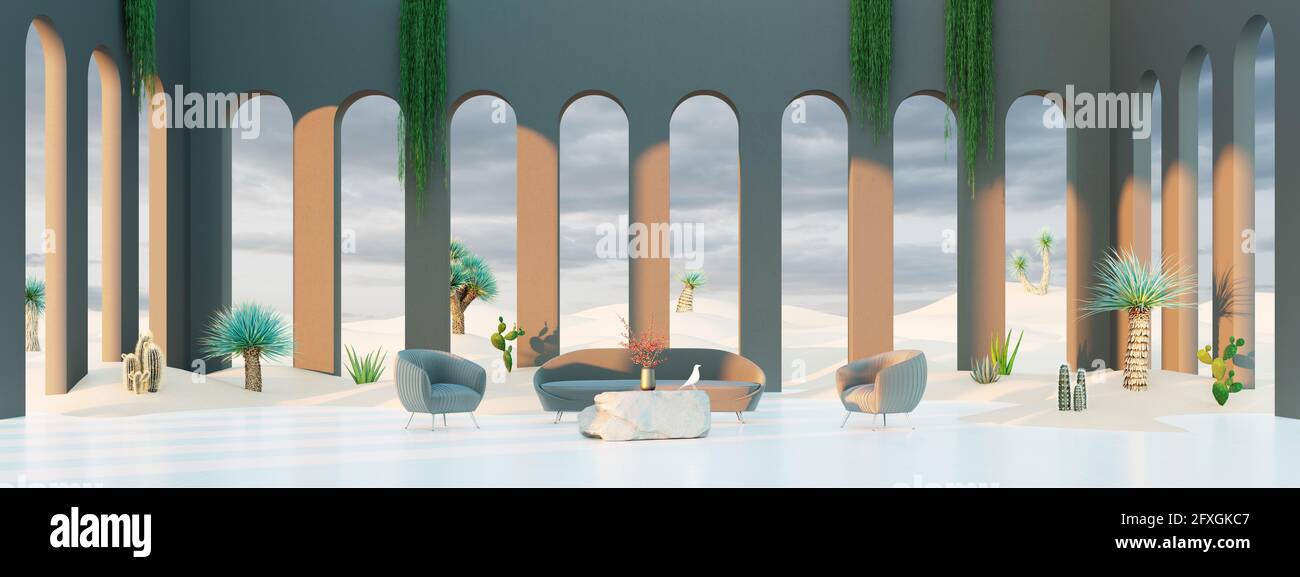 Design moderno degli interni di un ampio soggiorno con una sabbia del deserto che entra all'interno, illustrazione 3d Render 3d Foto Stock