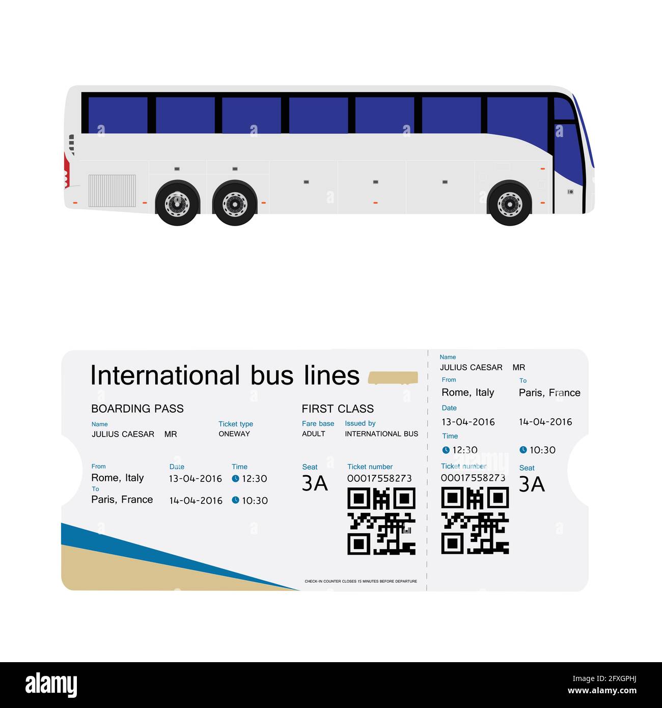 Illustrazione Vettoriale autobus e la carta di imbarco del modello di ticket design isolato su bianco. Realistico biglietto di trasporto con codice a barre. Illustrazione Vettoriale