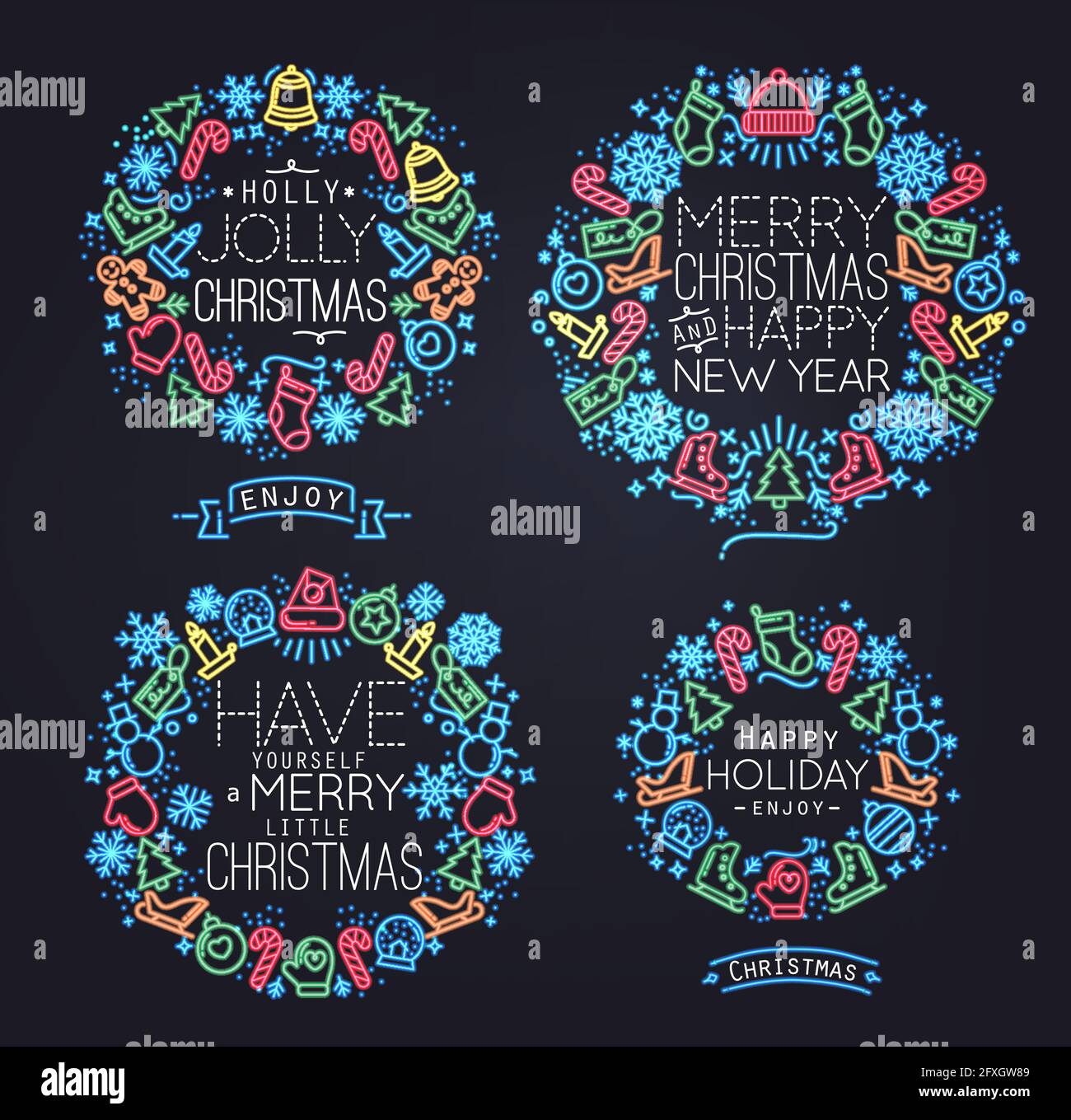 Simboli decorativi natalizi per le vacanze invernali in stile piatto e neon, disegnati da linee colorate su sfondo nero Illustrazione Vettoriale