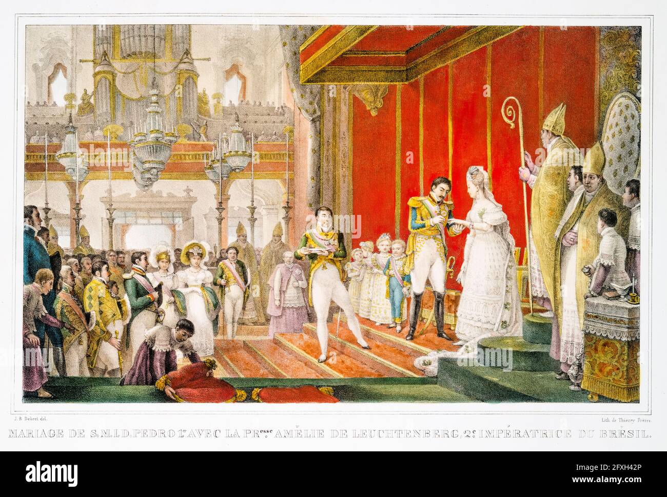 Matrimonio (matrimonio) di Dom Pedro i (1798-1834) Imperatore del Brasile alla sua seconda moglie Amélie di Leuchtenberg (1812-1873), imperatrice consorte del Brasile (1829-1831) nel 1829, stampa litografica di Jean Baptiste Debret, 1834-1839 Foto Stock