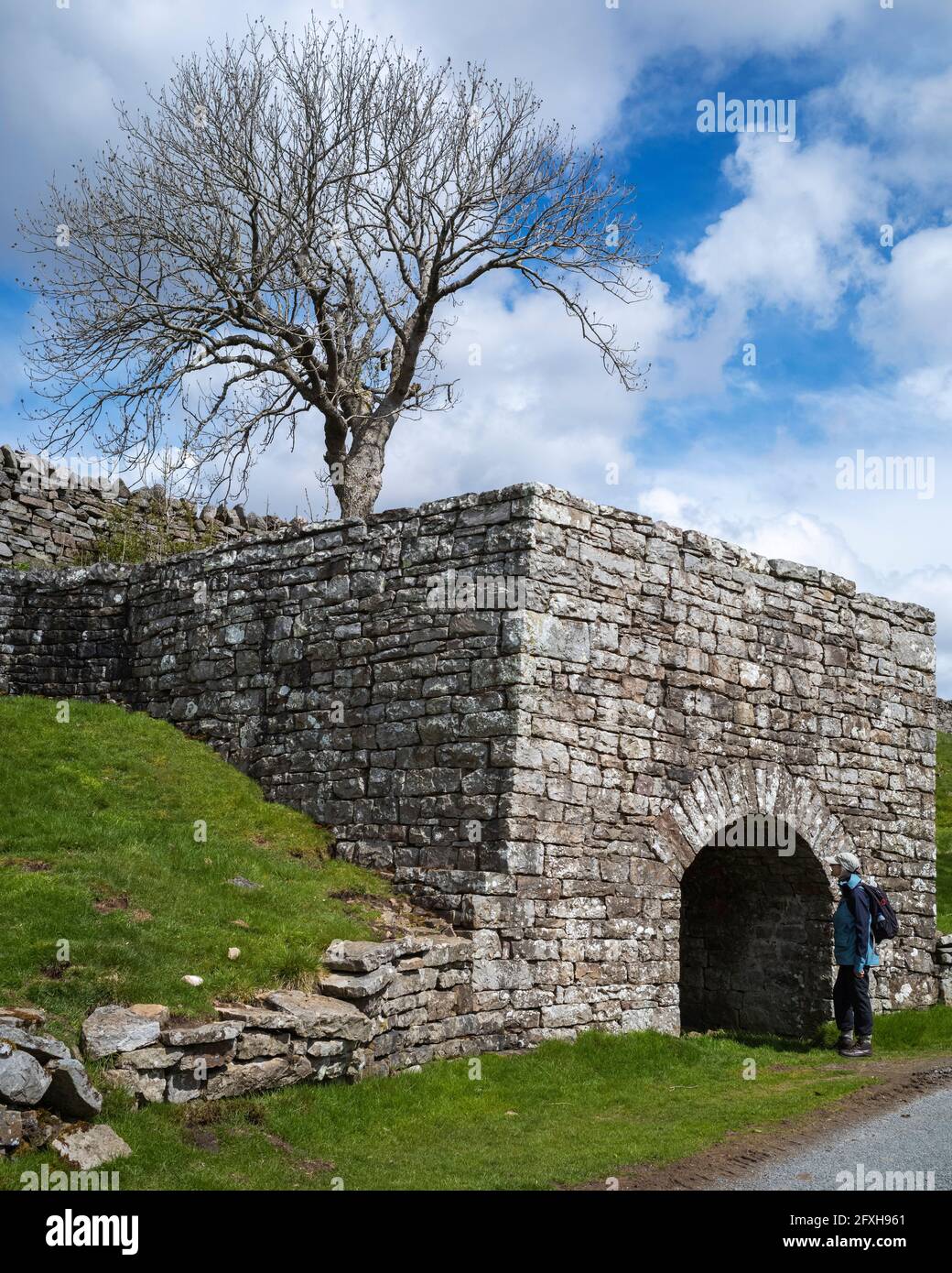 L'apertura ad arco di un vecchio forno di calce ad alta Eskeleth, Arkengarthdale, Yorkshire Dales, Regno Unito Foto Stock