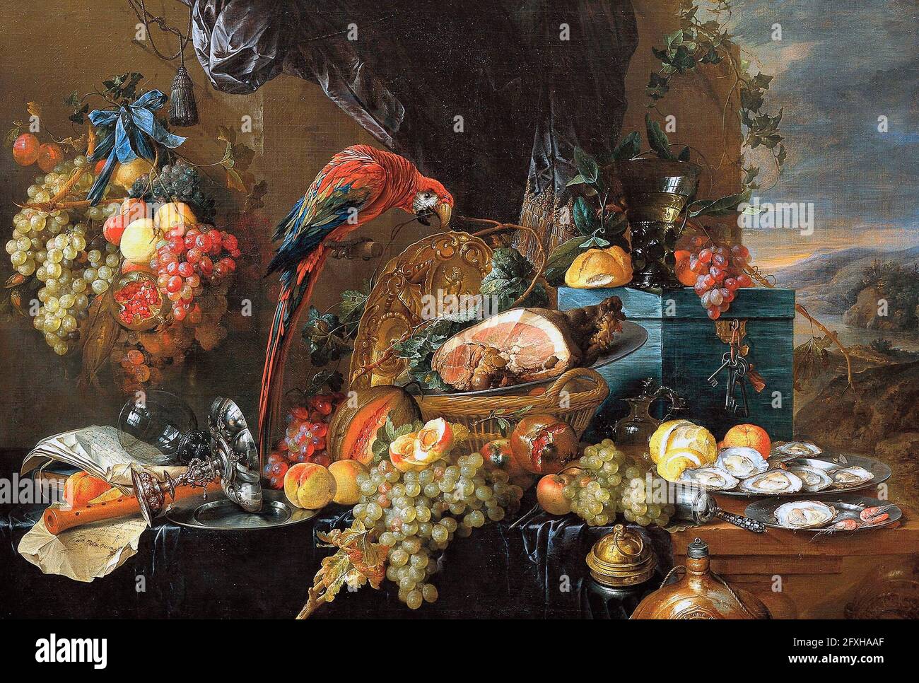 Abbondante vita morta con un pappagallo - Jan Davidsz. De Heem, circa 1650 Foto Stock