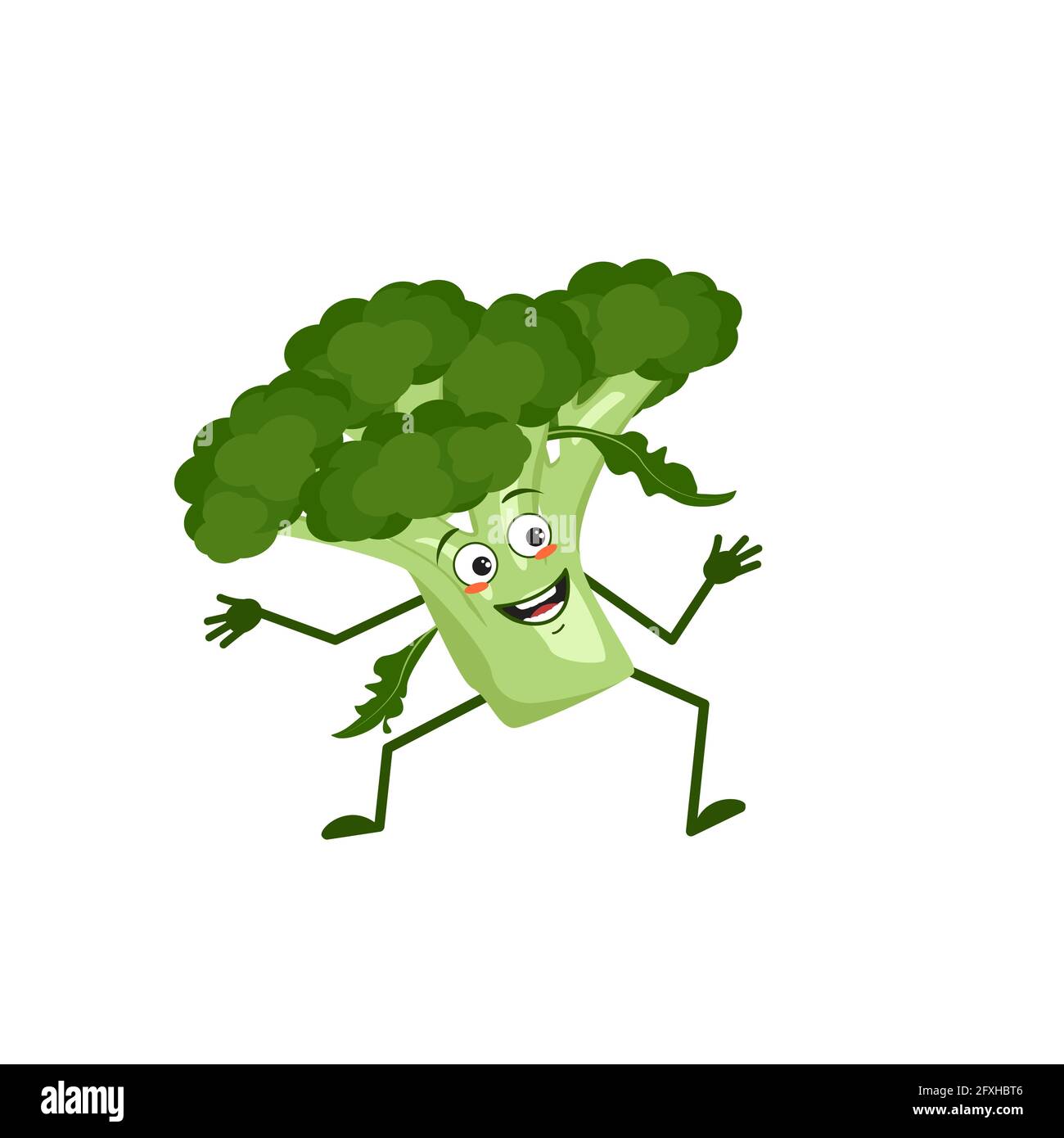 Carino carattere broccoli con emozioni di gioia, volto sorridente, occhi felici, braccia e gambe. Un eroe vegetale verde malizioso con gli occhi Illustrazione Vettoriale