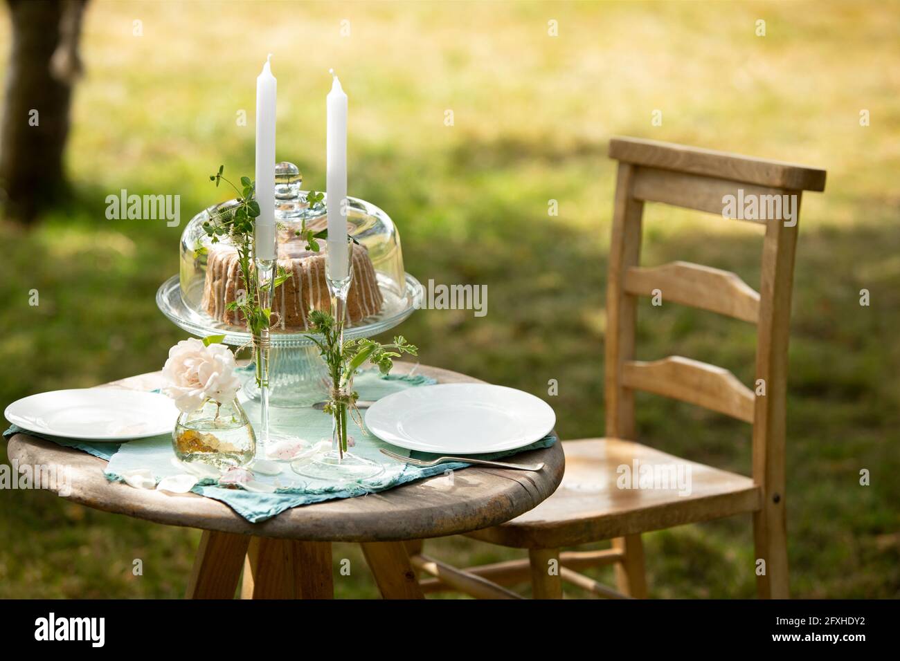 Candelabri e torta sul tavolo da giardino estivo Foto Stock