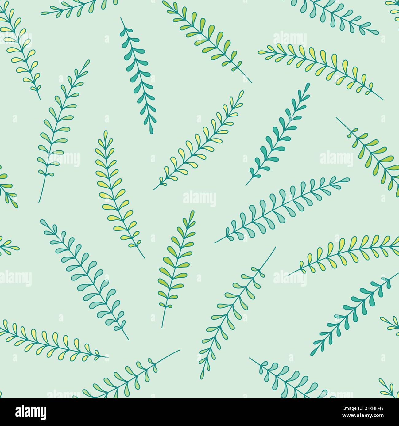 Vettore delicato doodle foglie pinnate modello senza giunture. Lo sfondo ripetuto disegnato a mano è di colore verde. Design con motivo di superficie per biglietti d'auguri, involucri, sfondi. Illustrazione Vettoriale