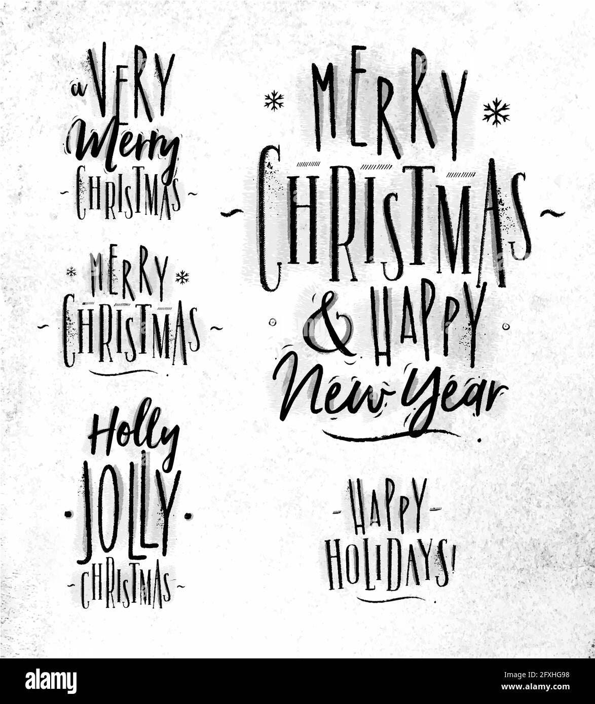 Scritta Chrictmas grafica un natale molto allegro e felice anno nuovo, Natale agile, buone feste disegno in stile retrò su carta sporca Illustrazione Vettoriale