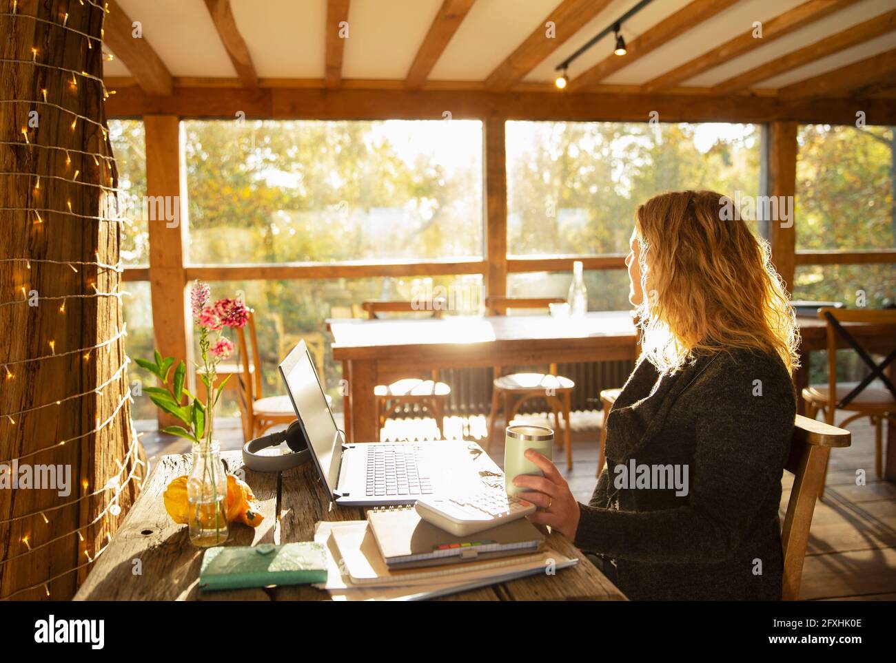 Donna d'affari premurosa che lavora al computer portatile in un ristorante soleggiato Foto Stock