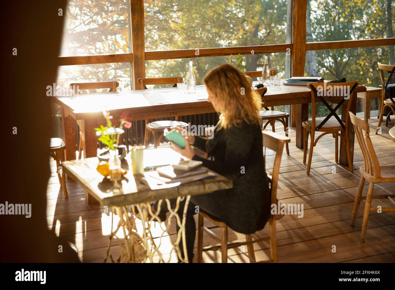 Donna d'affari che lavora al soleggiato tavolo da caffè Foto Stock