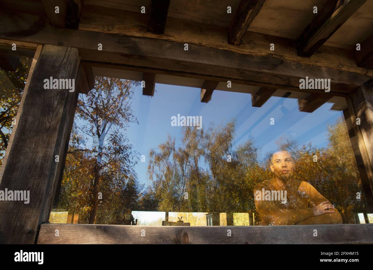 Uomo premuroso che guarda gli alberi d'autunno dalla finestra del caffè Foto Stock