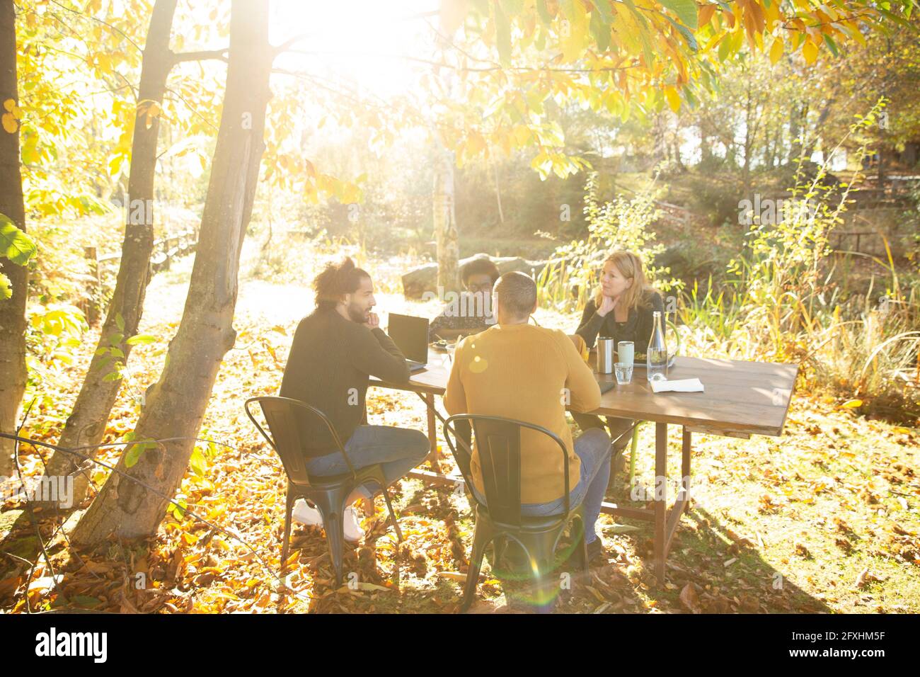 Uomini d'affari che lavorano al tavolo in un parco autunnale idilliaco e soleggiato Foto Stock