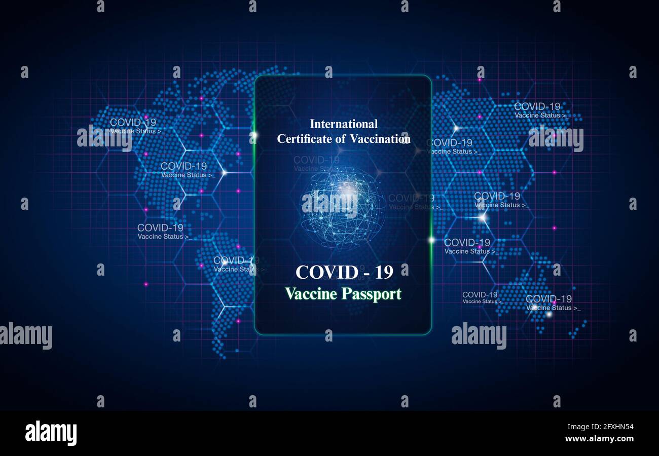 Immagine generata digitalmente passaporto Covid su mappa blu Foto Stock
