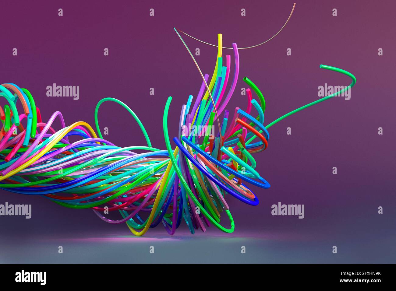 Cavi in fibra ottica multicolore aggrovigliati ad immagine generati digitalmente Foto Stock