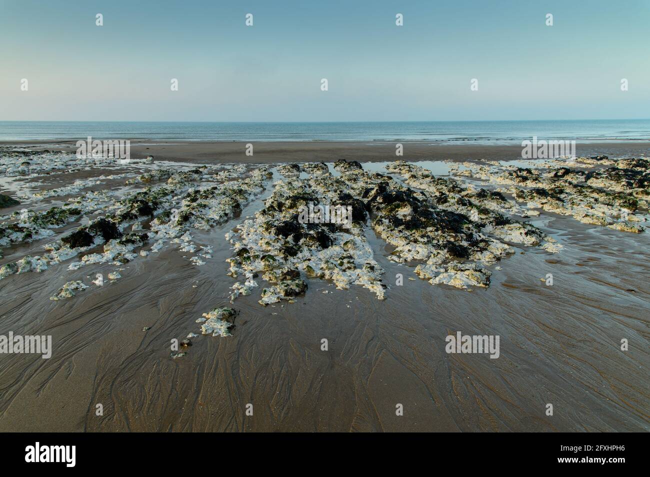 Rocce di gesso, sabbia e mare, all'alba a Birling Gap, Sussex. Foto Stock Rocce di gesso, sabbia e mare, all'alba a Birling Gap, Sussex. Foto Stock